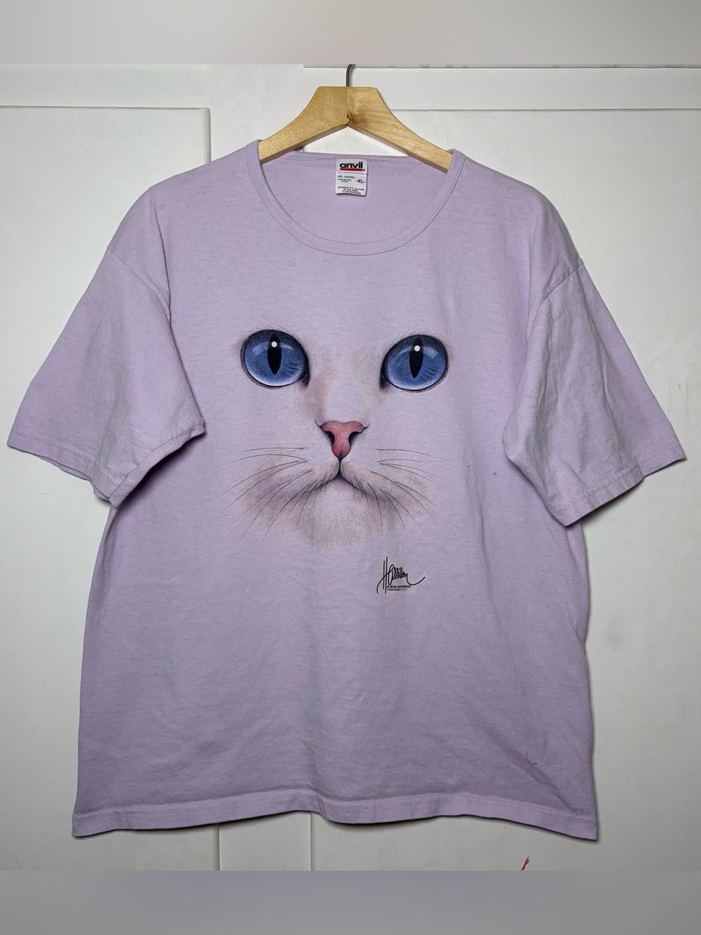 Vintage 90s Lavender Cat Face Round Neck Bob Harrison Graphic T Shirt